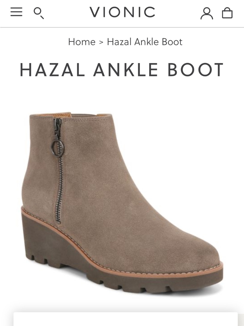 Vionic Hazal Ankle Boots in Stone Suede Sz 8 Wedge Side-zip Water Repellent